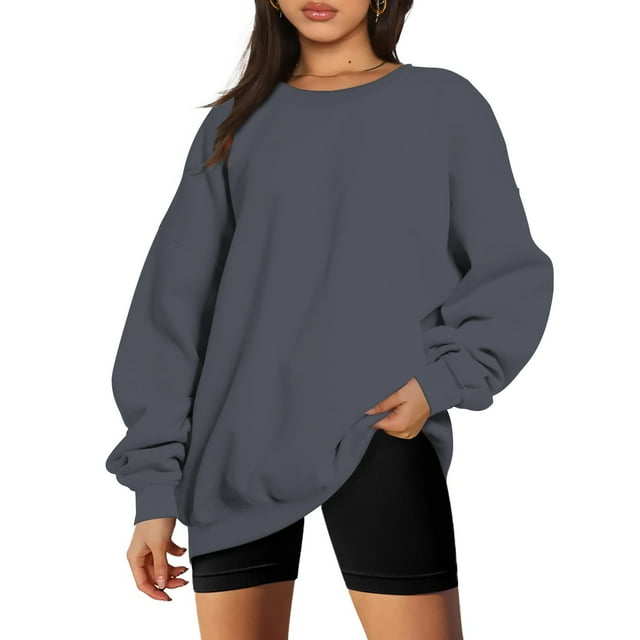 ESSSUT Hauts pour Femmes Liquidation Tendances Femme Manches Longues Col Rond Chandail en Molleton Ample Blouse Unie Hauts Gris Foncé S