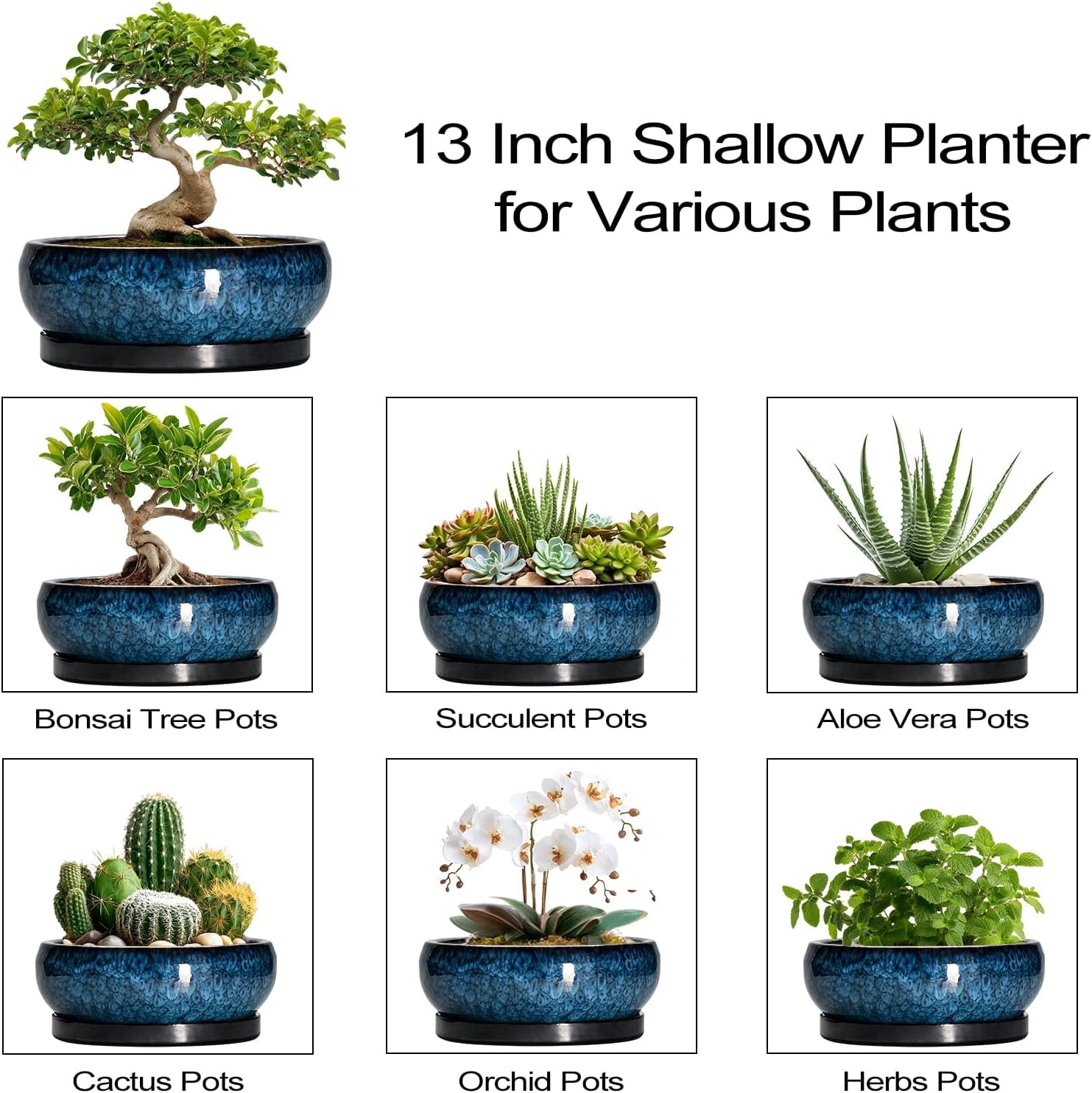 Bonsai Pots - 13 Inch Ceramic Succulent Pots for Indoor Outdoor, Large Succulent Planter with Drainage Hole and Saucer, Round Shallow Flower Planters, Porch Decor, Gardening Gifts, Blue