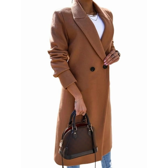 Women Long Wool Coats for Fall Winter Trench Coat Peacoat Double Breasted Blazer Jackets Overcoat Dark Khaki XXXL