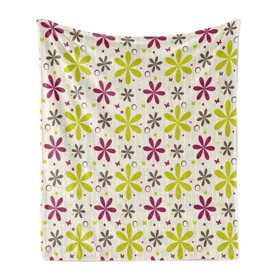Floral Soft Flannel Fleece Throw Blanket, Flowers Buds with Butterfly and Circle Hoops Nature Design, Cozy Plush for Indoor and Outdoor Use, 50" x 60", Apple Green Dark Taupe, by Ambesonne