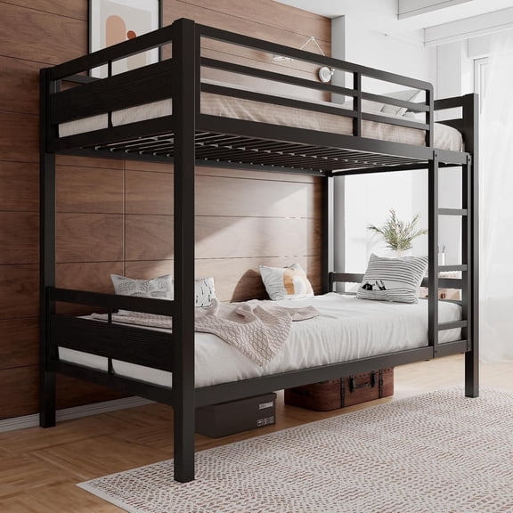 Honfach Metal Bunk Bed Twin Over Twin, Heavy Duty Metal Bed with Ladder and High Guardrail, Under-Bed Storage Space, No Box Spring Needed, Noise Free, Black