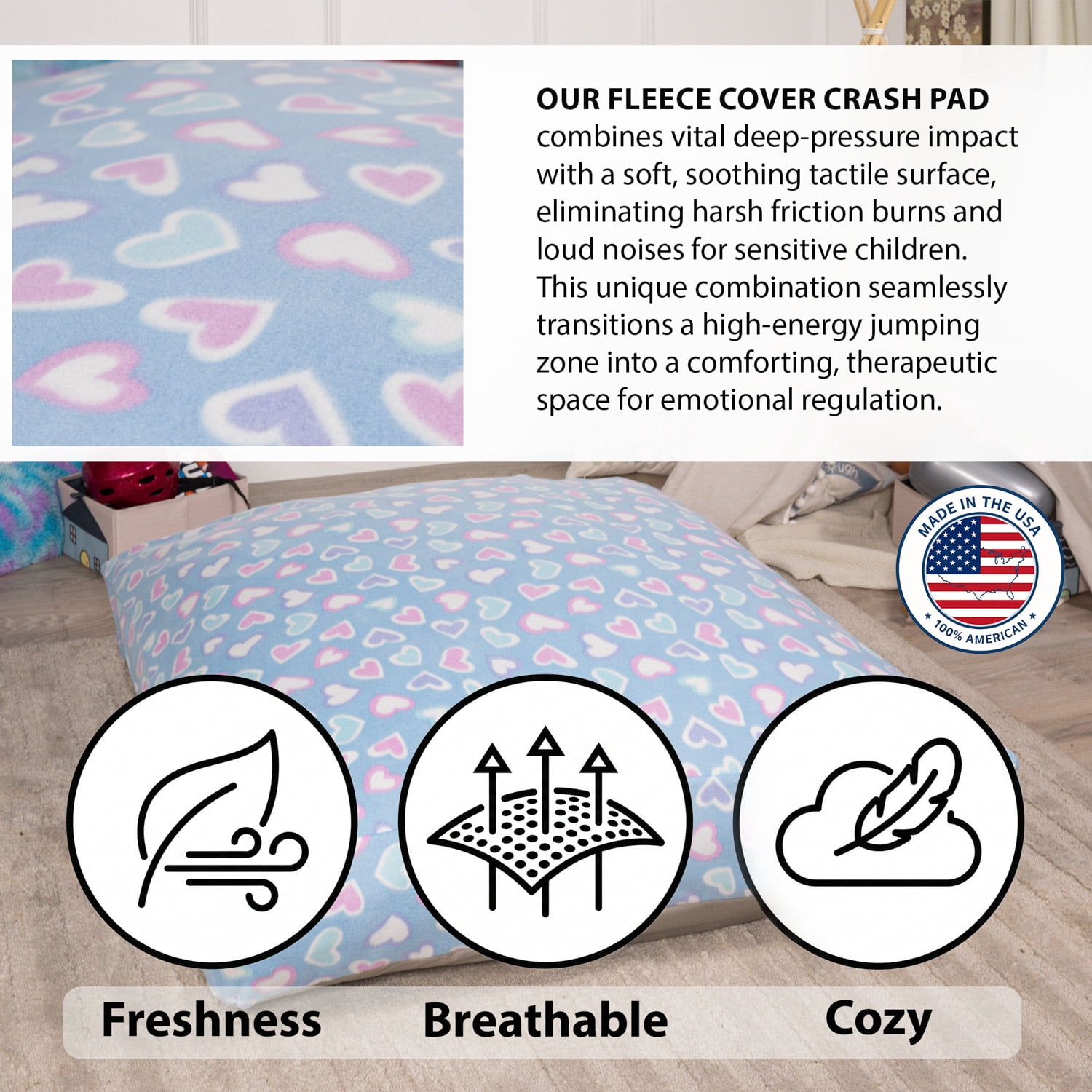 48" x 72" Sensory Crash Pad for Kids & Adults, Soft Fleece Foam Landing Mat, Non-Slip Bottom, Removable Washable Cover for Jumping, Gymnastics, Play and Relaxation