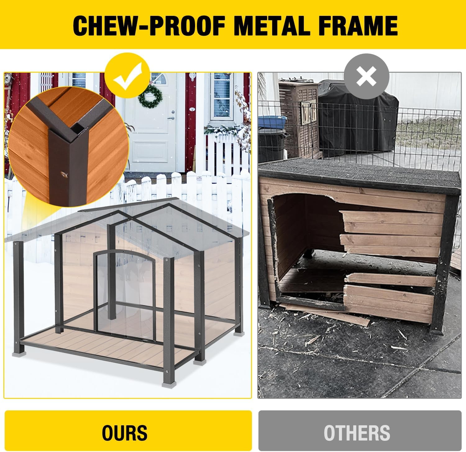 AIVITUVIN Heated Outdoor Dog House - Weatherproof Insulated Wooden Shelter with Iron Frame, Large Porch for Medium & Large Dogs, Indoor/Outdoor Kennel