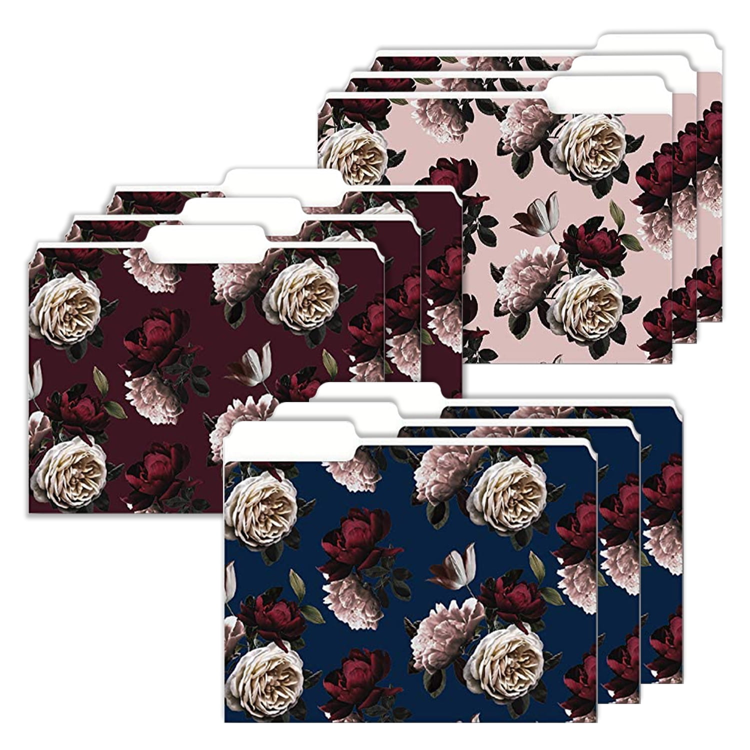 Happy Day! Products 9 Decorative File Folders for Women – Navy Moody Flowers Cute Design - Colored File Folder Letter Size 1/3 Cut Tabs - Office Supplies Organizers - 9.75' x 11.5'