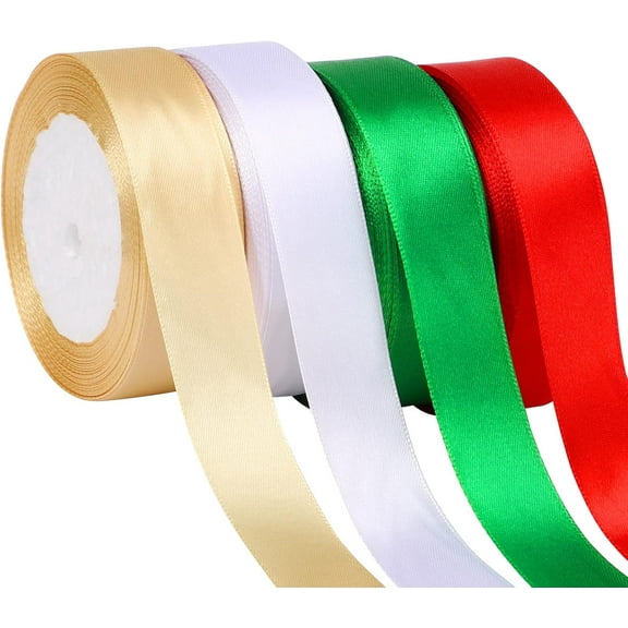 EUZODNAK 4 Rolls 100 Yards Christmas Ribbons 1Inch Wide Holiday Satin Ribbons Fabric for Gift Wrapping and DIY Craft, Red & Green & Gold &White