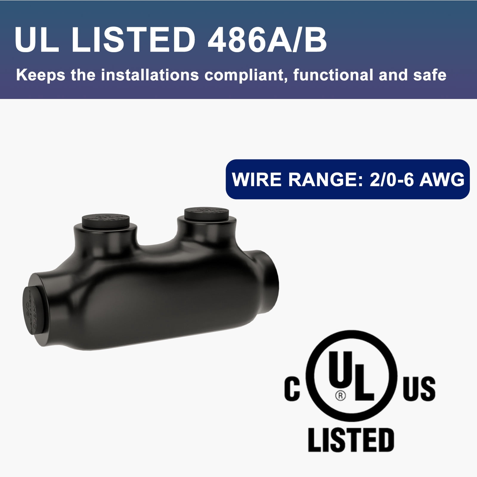 2 Port Insulated Wire Connectors Black Splice Connector 2/0-6 AWG Multi Cable Connector Dual Sided Entry Cable Splicers with Oxide Inhibitor UL Listed - 5 Pack