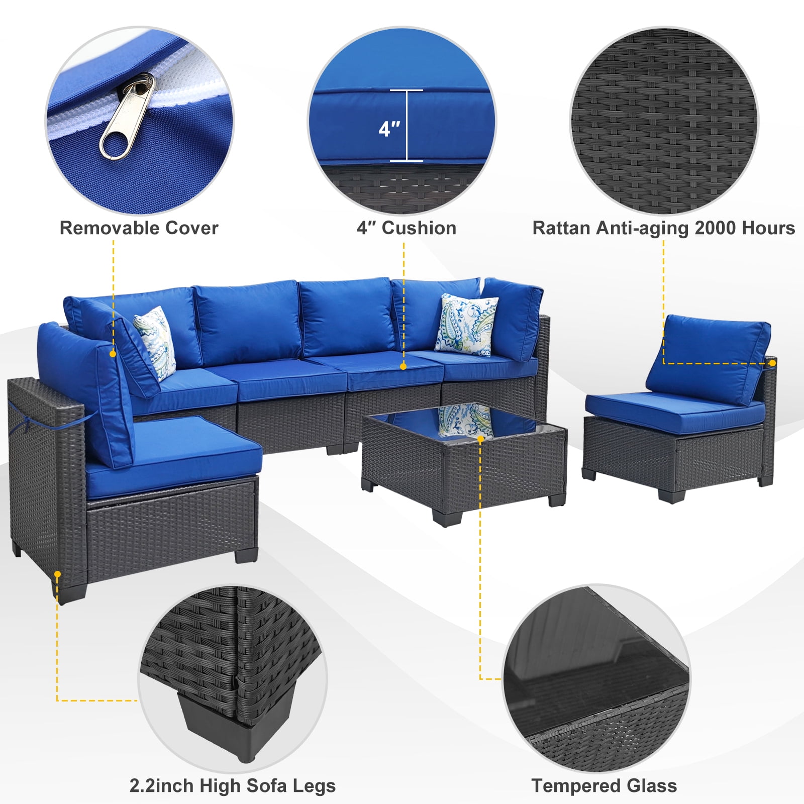 ZXRLHX 7 Piece Wicker Sectional Patio Furniture Set (Coffee/Blue) with Pillows, for Outdoor Deck