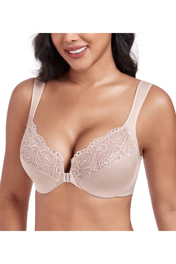 Women's Plus Size Front Closure U-Back Underwire Wide Strap Everyday Bra(Beige,44C)