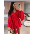 thumbnail image 5 of Women'S Layered Bell Sleeve Tie Neck Mini Dresses Ruffle Belted Tunic Dress Red L, 5 of 7