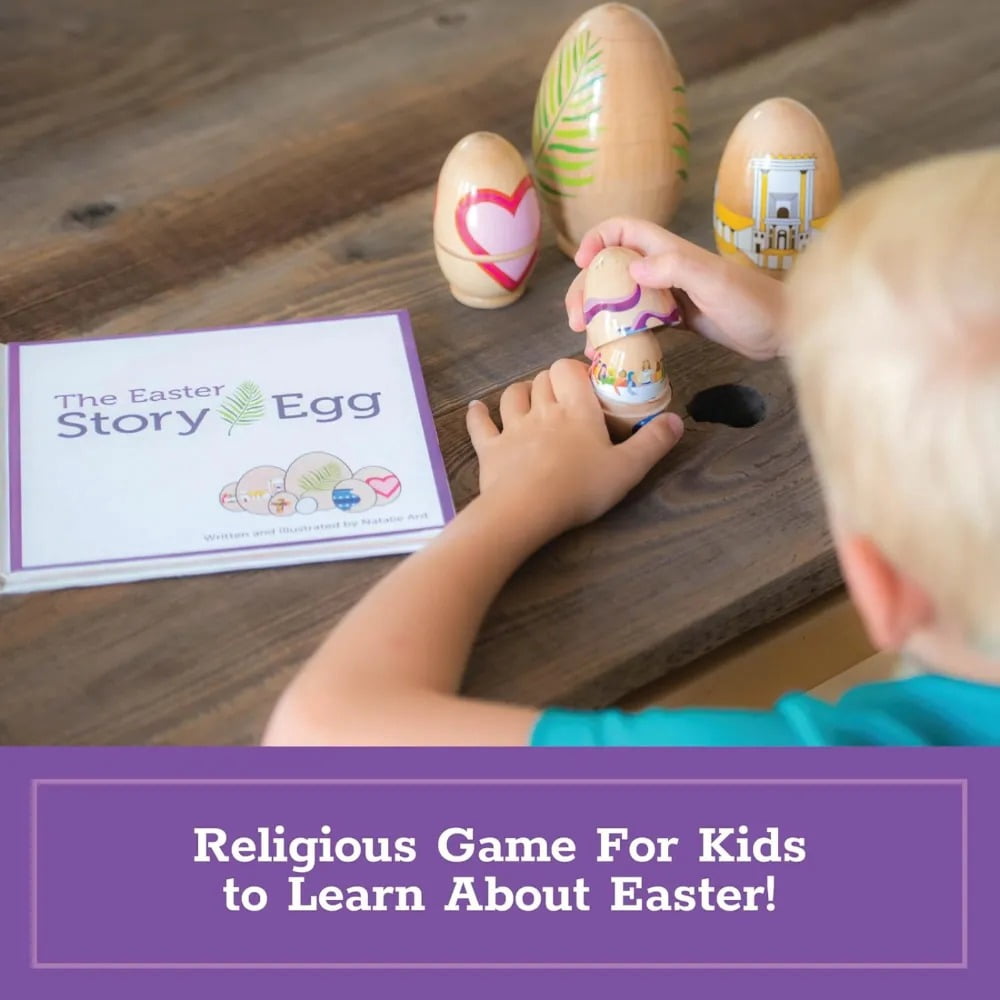 The Easter Story Egg - With Storybook about Resurrection - Colorful Hand Painted Nesting Dolls Toys - 7 Decorative Nesting Eggs - Great Christian or Catholic Gift -Teach Kids about Easter!