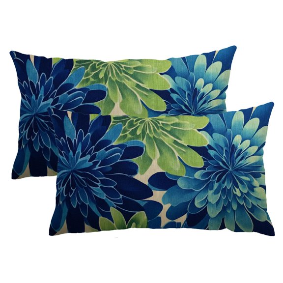 Qinduosi Navy Blue Green Teal Pillow Covers 12X20 Inch Set of 2, Modern Dahlia Floral Print Decorative Rectangle Throw Pillow Covers Outdoor Farmhouse Cushion Case for Home Couch Sofa Bed
