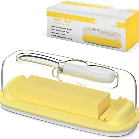 -Butter Dish with Lid and Knife for Countertop and Refrigerator, Butter Stick Holder with Airtight Transparent Cover that Keeps Butter Soft