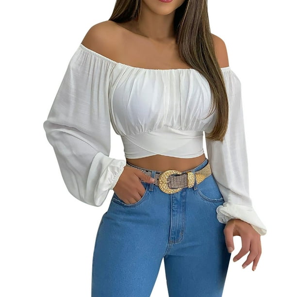 Top corto con hombros descubiertos y lazo para atar, manga larga, para mujer - Blusa con ribete elástico y puños con volantes - Sexy para fiestas y citas