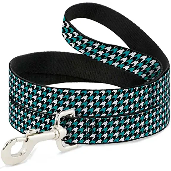 Dog Leash Houndstooth Black White Turquoise 4 Feet Long 0.5 Inch Wide