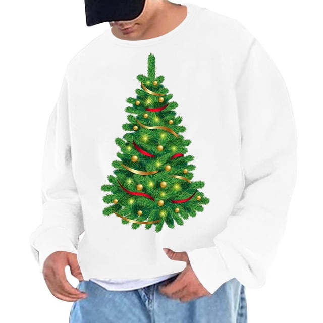 Sudadera sin capucha para hombre, cuello redondo, deportiva, con estampado de árbol de Navidad, sudadera con capucha, jersey de manga larga, blusa de poliéster para hombre