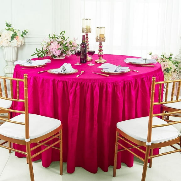 Wedding Linens Inc. 60"W x 30"H Round Ruffled Fitted Crushed Crinkle Taffeta Tablecloth Table Cover Linens With Skirt - Fuchsia