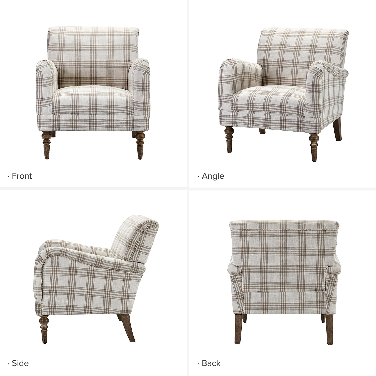 Tina's Home Farmhouse Plaid Accent Chair with Carved Wood Legs ,29.5”W Upholstered Rustic Armchair for Living Room, Bedroom or Reading Nook, GREENGUARD Certified, Tan