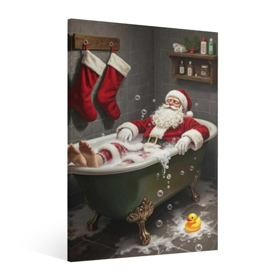 Vintage Christmas Santa Claus in the bathtub Wall Art Paint - Retro Xmas Festive Winter Holiday Christmas Wall Decor Canvas for Living Room Kitchen Bathroom Home Bedroom Decor Framed