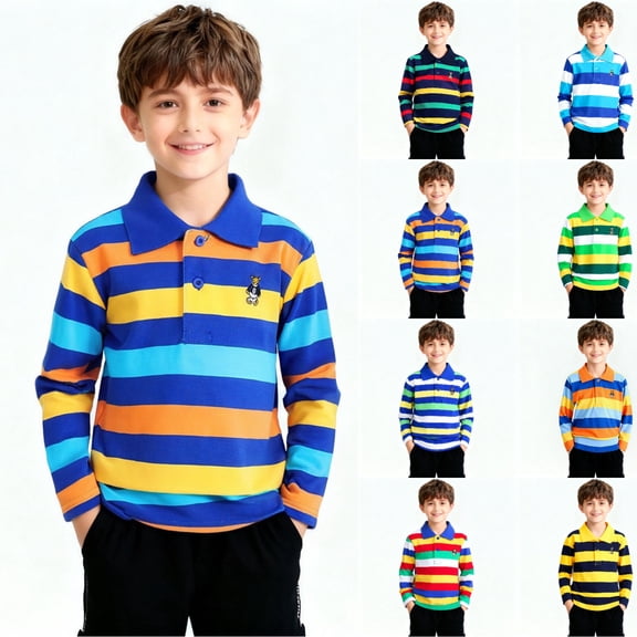 SGFCWSX Boys Long Sleeve Polo Shirt, Kids Top Collared Striped Casual School Daily Tees Dark Blue Size 4-5Years