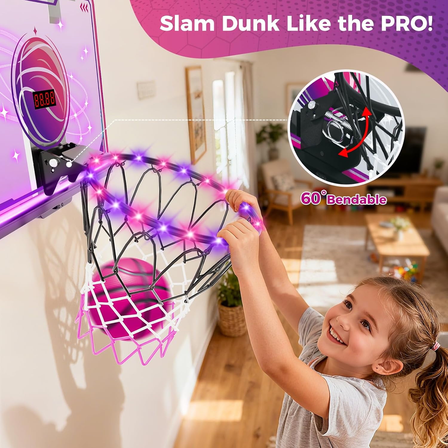 TERRAMUS LED Basketball Hoop,Indoor Basketball Set with 7 Color Lights, Glowing Rim, Scoreboard, Remote Controller, and Sports Toy for Girls Boys Ages 5-12+