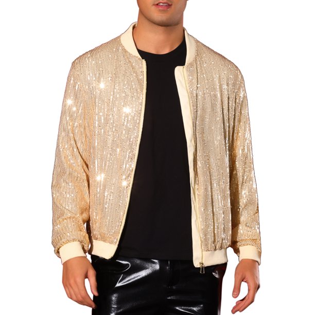 Chaqueta Varsity con lentejuelas INSPIRE CHIC para hombres, chaqueta bomber brillante y dorada para fiestas de disco de los 70, talla XL