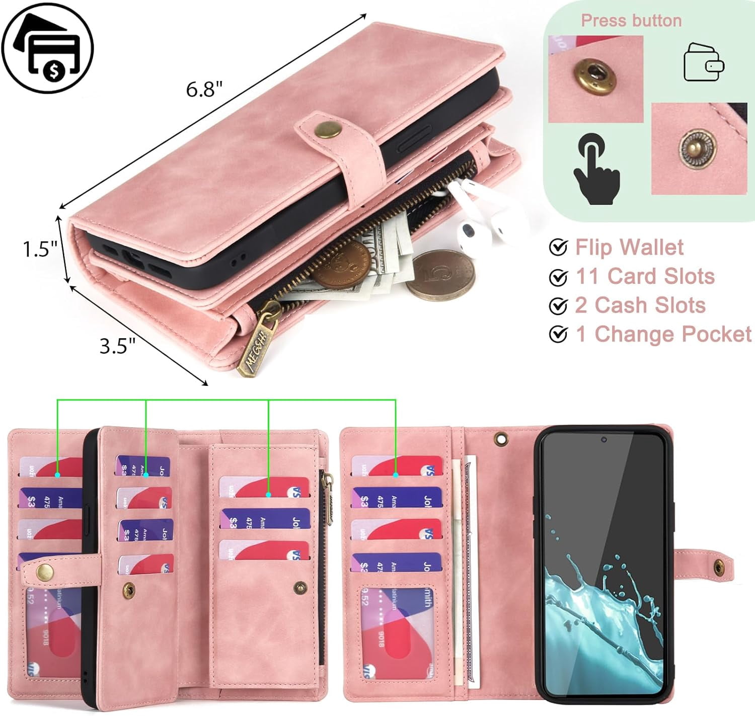 for Samsung Galaxy S21 5G Wallet Case, Detachable PU Leather Magnetic flip Phone Case Wallet with Card Holder Wrist Strap Zipper Wallet for Women/Men, S21 5G Phone Case 6.2inch(Pink)
