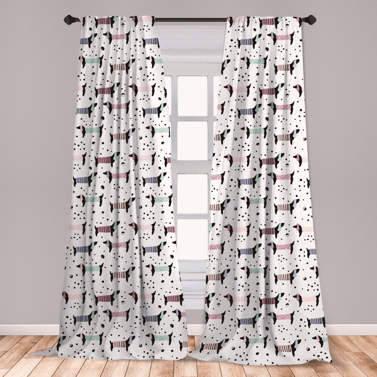 Dog Curtains 2 Panels Set, Hand Drawn Dachshund Silhouettes on