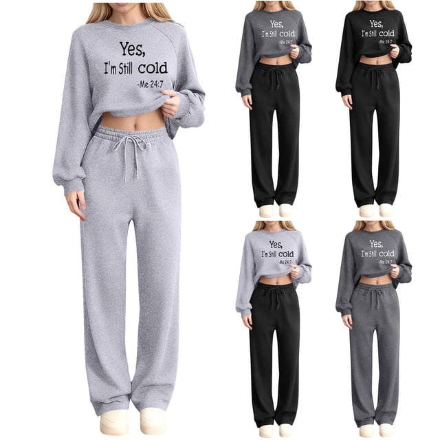 Sentmoon Ensembles de Chandails pour Femmes Mode Automne Vêtements Femme Décontracté Chandail Sport Imprimé Manches Longues Col Rond Manches Raglan Blouse Pantalon Chandail en Molleton Ensemble Deux Pièces Taille Élastique