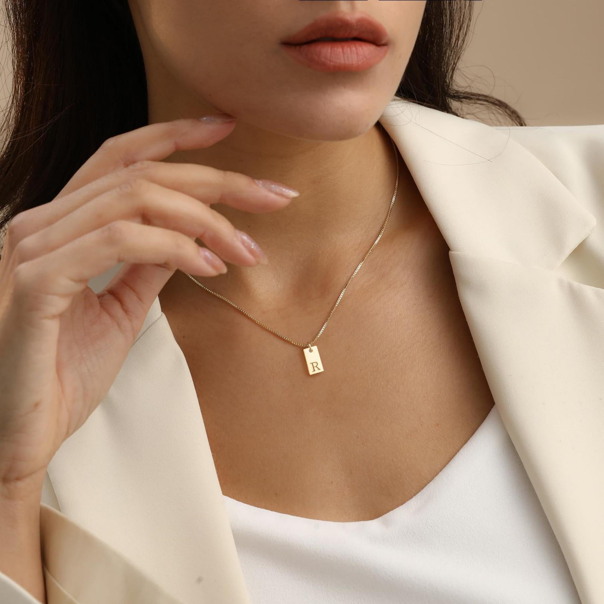 MACEHLJP Initial Necklace for Her Personalized Initial Tag Pendant Necklaces 14K Gold Plated