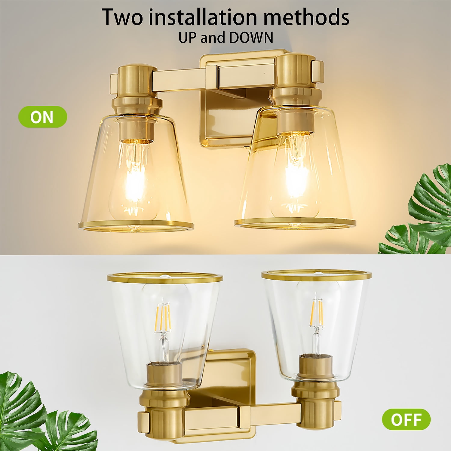Deyidn 2-Light Gold Mid Century Modern Wall Sconce Vanity Lights with Clear Glass Shades