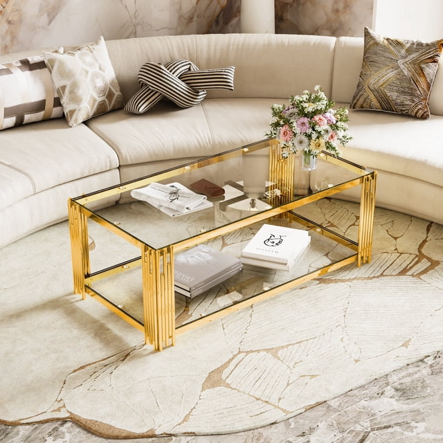 47.5" Square Glass Coffee Table,Luxury Center Table Living Room Table,Gold Stainless Steel Irregular Leg,Double-Layer Structure,Clear Glass Desktop,Gold