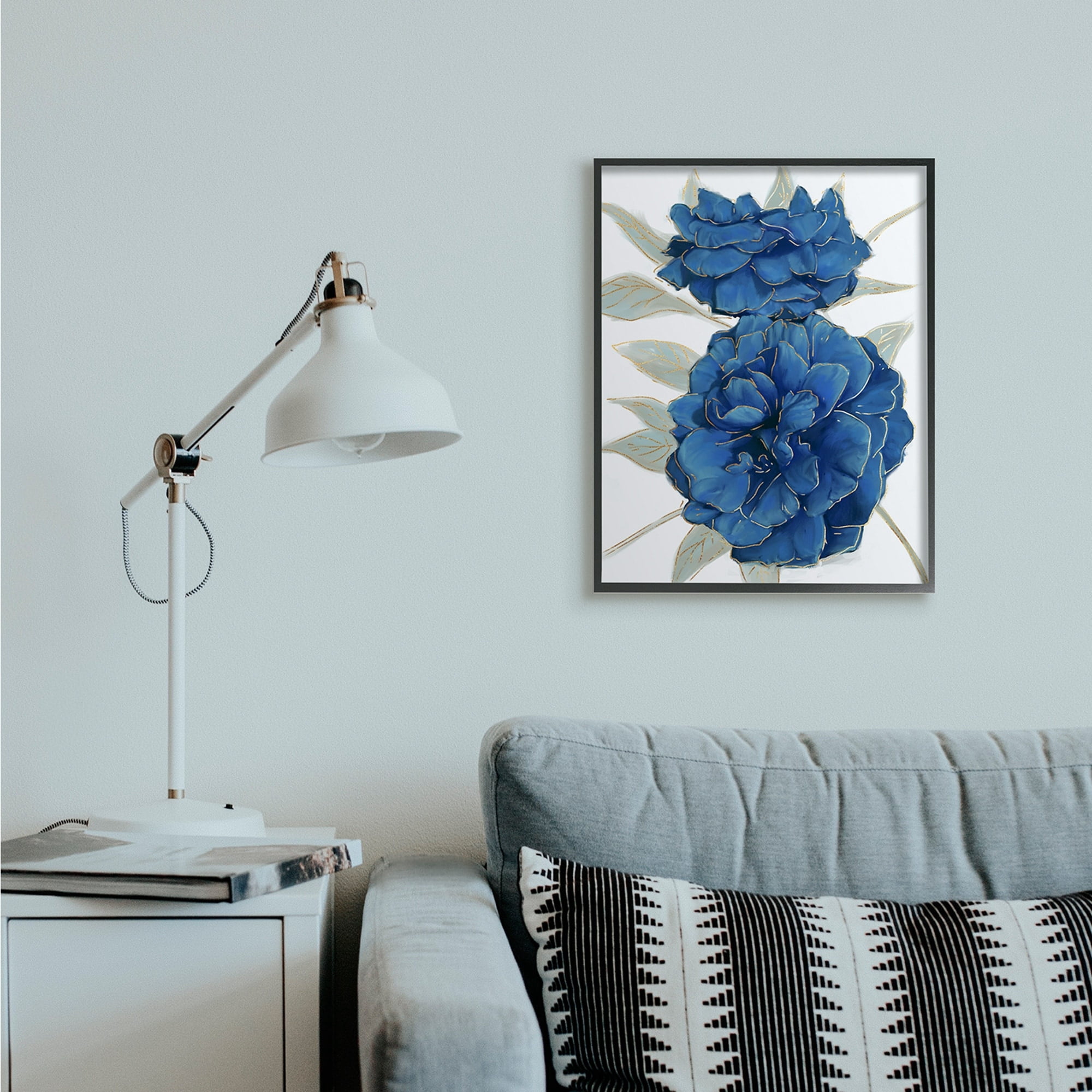 Stupell Industries Bold Blue Carnation Florals Gold Line Detail Black Framed, 11 x 14, Design by Ziwei Li