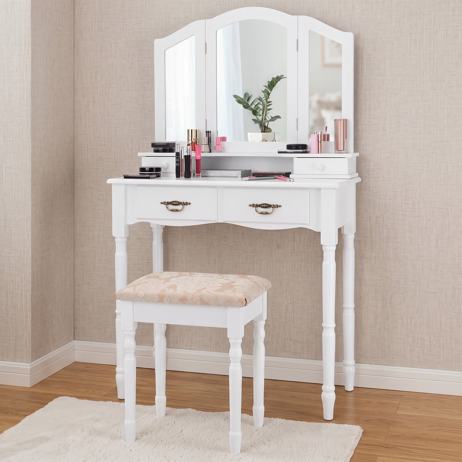 Furnibear Makeup Vanity Table Set with Tri-Folding Mirror 4 Drawers Cushioned Stool and Wood Legs for Bedroom, White