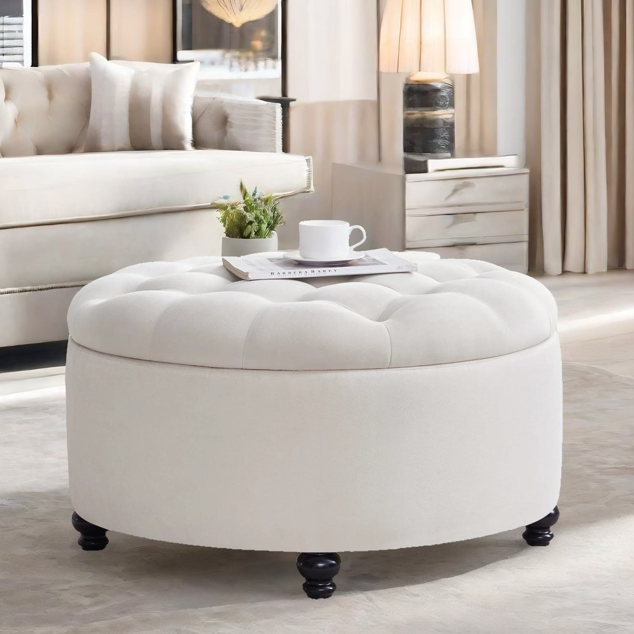 HUIMO 30" Large Round Storage Ottoman Footstool, Upholstered Button Tufted Ottoman Coffee Table, Ottoman with Storage for Living Room & Bedroom (Beige) - image 4 of 10