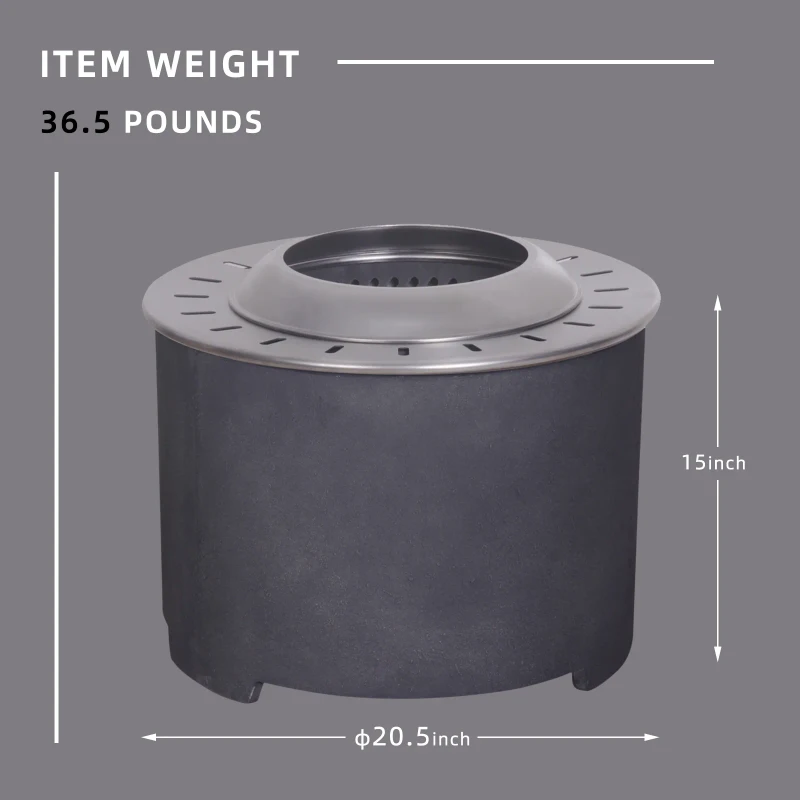 Afterglow Smokeless Fire Pit, 20.5" Round Wood Burning Stainless Steel Top & TerraFab Base, Firepit with Weather Cover Perfect for Outdoor Patio Garden, Dark Grey