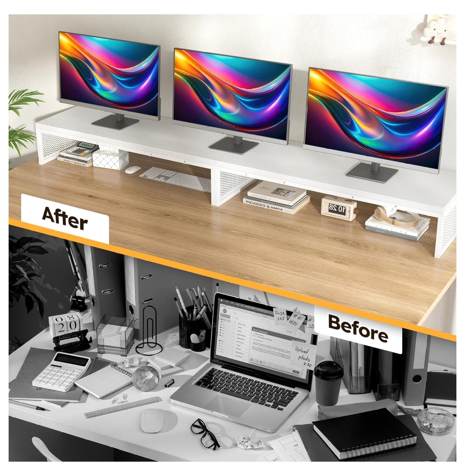 55.2" Computer Monitor Stand, Desk Shelf for Top of Desk for 3 * 23" Monitors/Laptop Computer/PC/Printers, TV Riser for 65 60 55 Inch TV for Bedroom Home Office, White