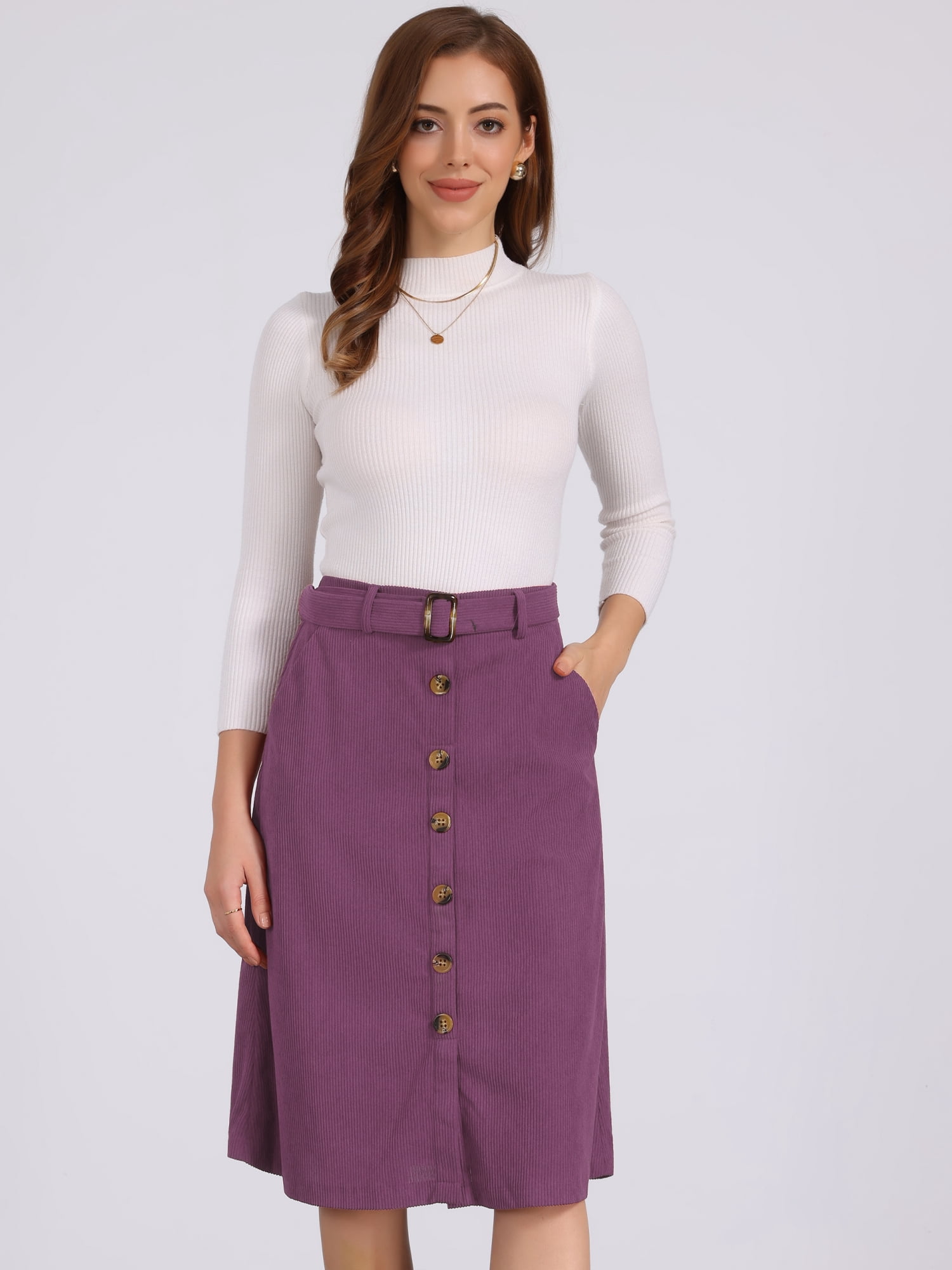 DARING DIVA Women's High Waist Button Front A-Line Belted Corduroy Skirt M Dark Purple