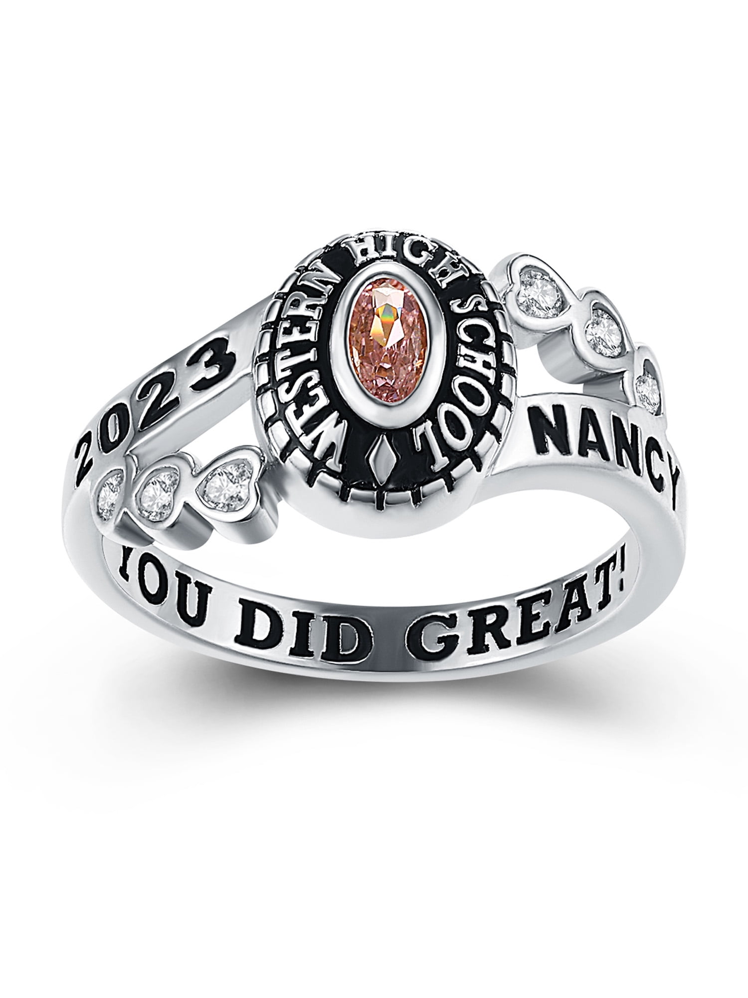 Mementos PJM Custom Women's Class Rings Sterling Silver for High School or College-Rhodium Plated
