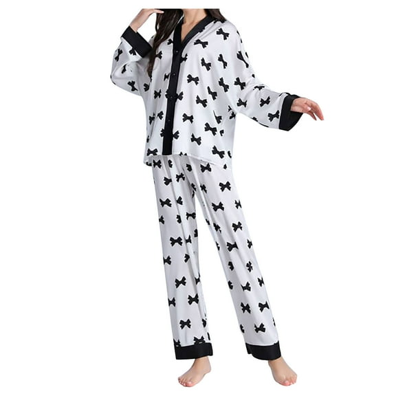 Azrian Womens Pajamas,Women Casual Printed V-Neck Long Sleeve Tops and Long Pants Pajamas Suit M Size,White on