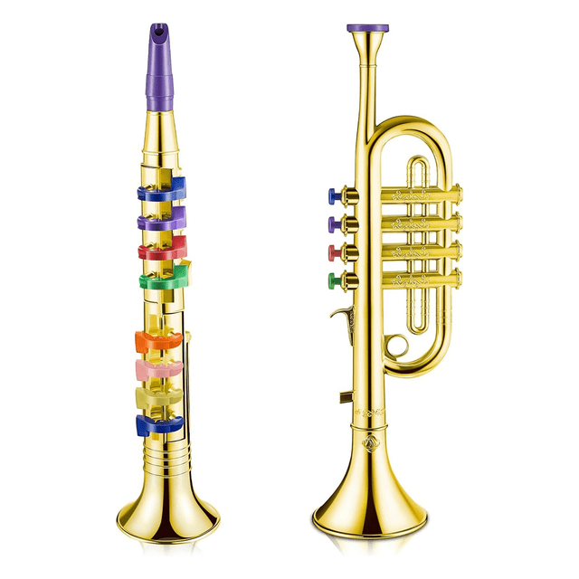 Set of 2 Music Instruments Trumpet and Saxophone Portable Clarinet with Colored Keys Educational Toy for Home School