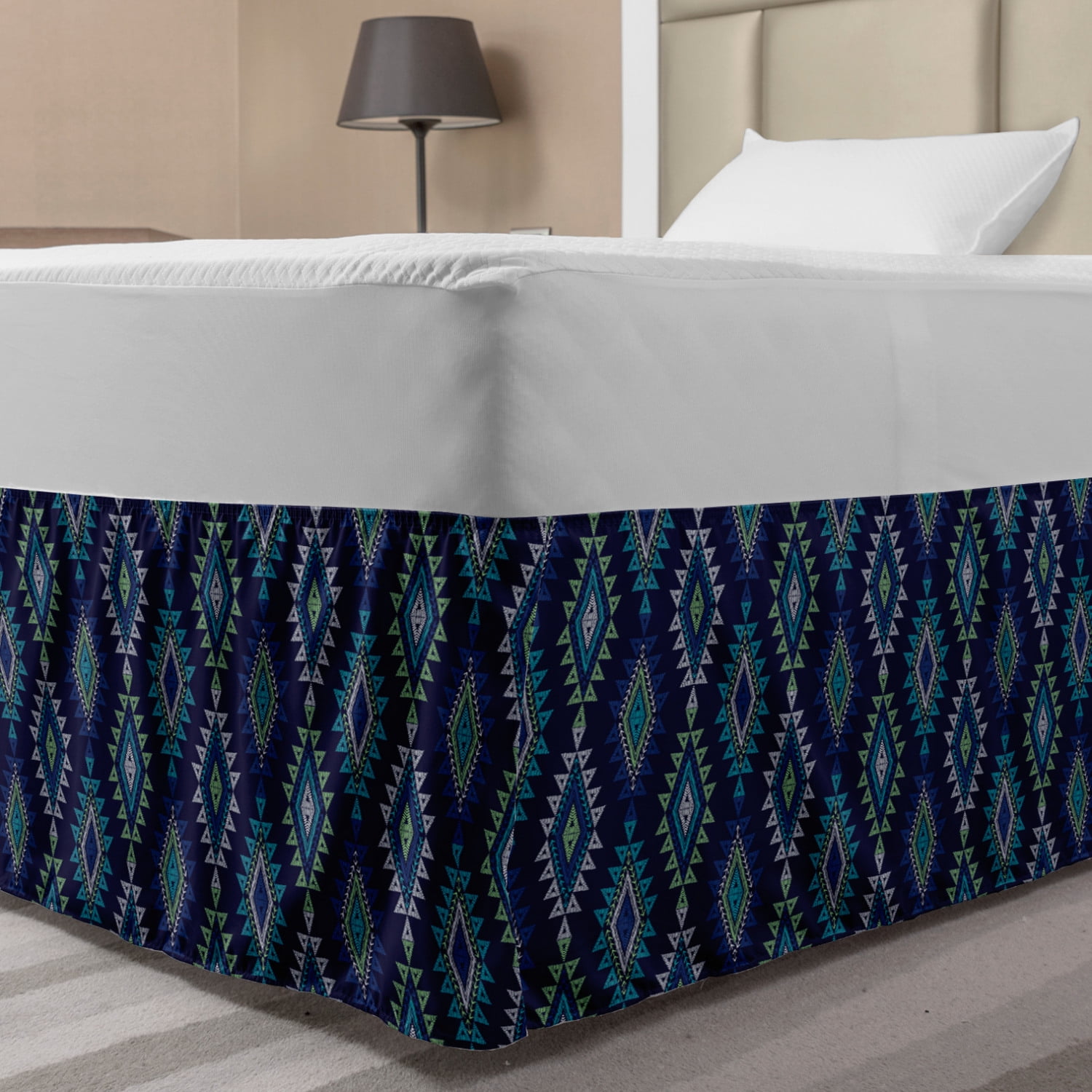 Folk Art Bed Skirt, Abstract Traditional Shapes in Ethnic Style Boho