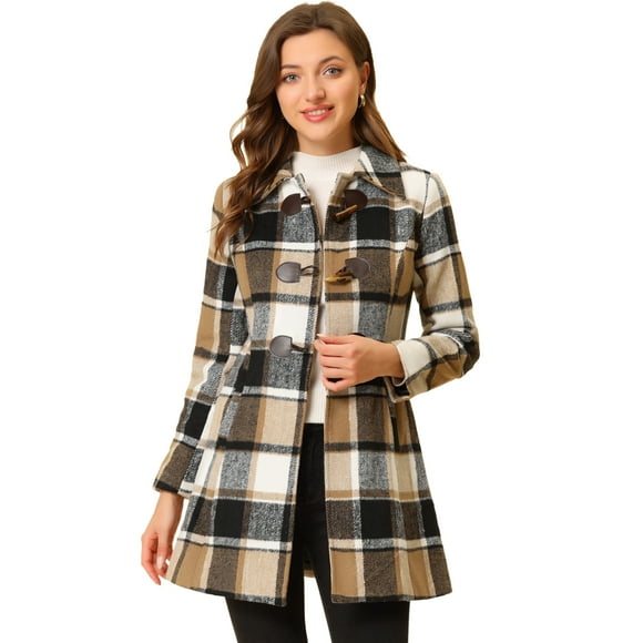 Unique Bargains Women's Toggle Outerwear Classic Turn Down Collar Plaid Duffle Front Pea Coat Brown M