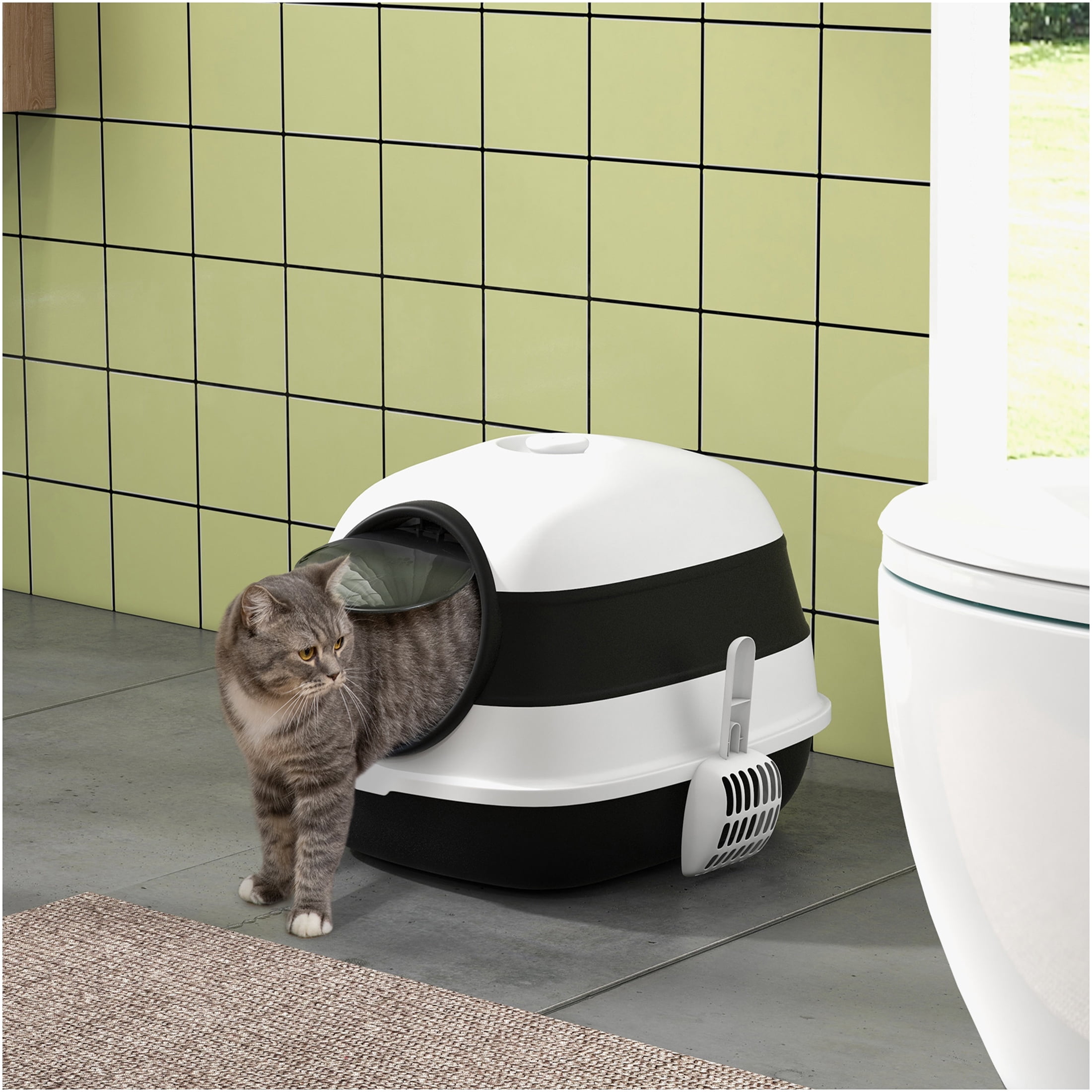 JERFIT Foldable Cat Litter Box Enclosed with Lid, High Sides & Dual Doors for Large Cats, Odor Control Air Freshener, Easy Clean ABS Litter Tray House, Black