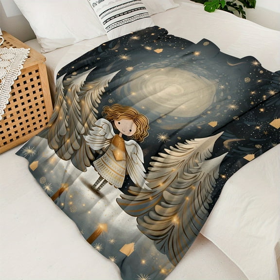 Angel Wings Fleece Throw Blanket Soft & Warm Multifunctional for Sofa Bed Couch Contemporary Style All-Season Mixed Color Knitted Digital Print Flannel 200-250g Fabric Weight
