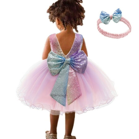 

Alueeu chidren dress for girl Baby Girls Sequins Bowknot Dresses Lace Pageant Party Wedding Tutu Gown Hairband