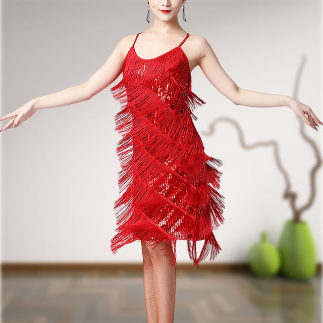 Vestido De Baile Rumba Tango Vestido de baile de tango para mujer Lentejuelas Borlas Fiesta de moda Vestido sexy con tirantes (Rojo L) Cgtredaw para Mujer Rojo T M
