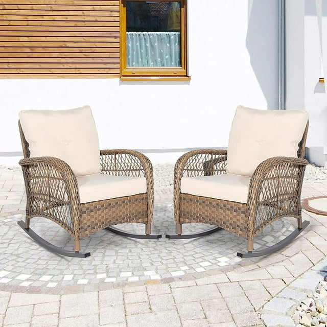 SOCIALCOMFY Outdoor Wicker Rocking Chair, Patio Rattan Rocker Chair with Steel Frame, Rocking Lawn Chair Patio Furniture, Light Brown Wicker & Beige Cushions, Set of 2
