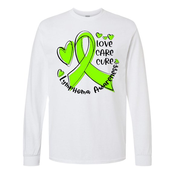 Inktastic Love, Care, Cure Lymphoma Awareness Lime Green Ribbon Hearts Long Sleeve T-Shirt