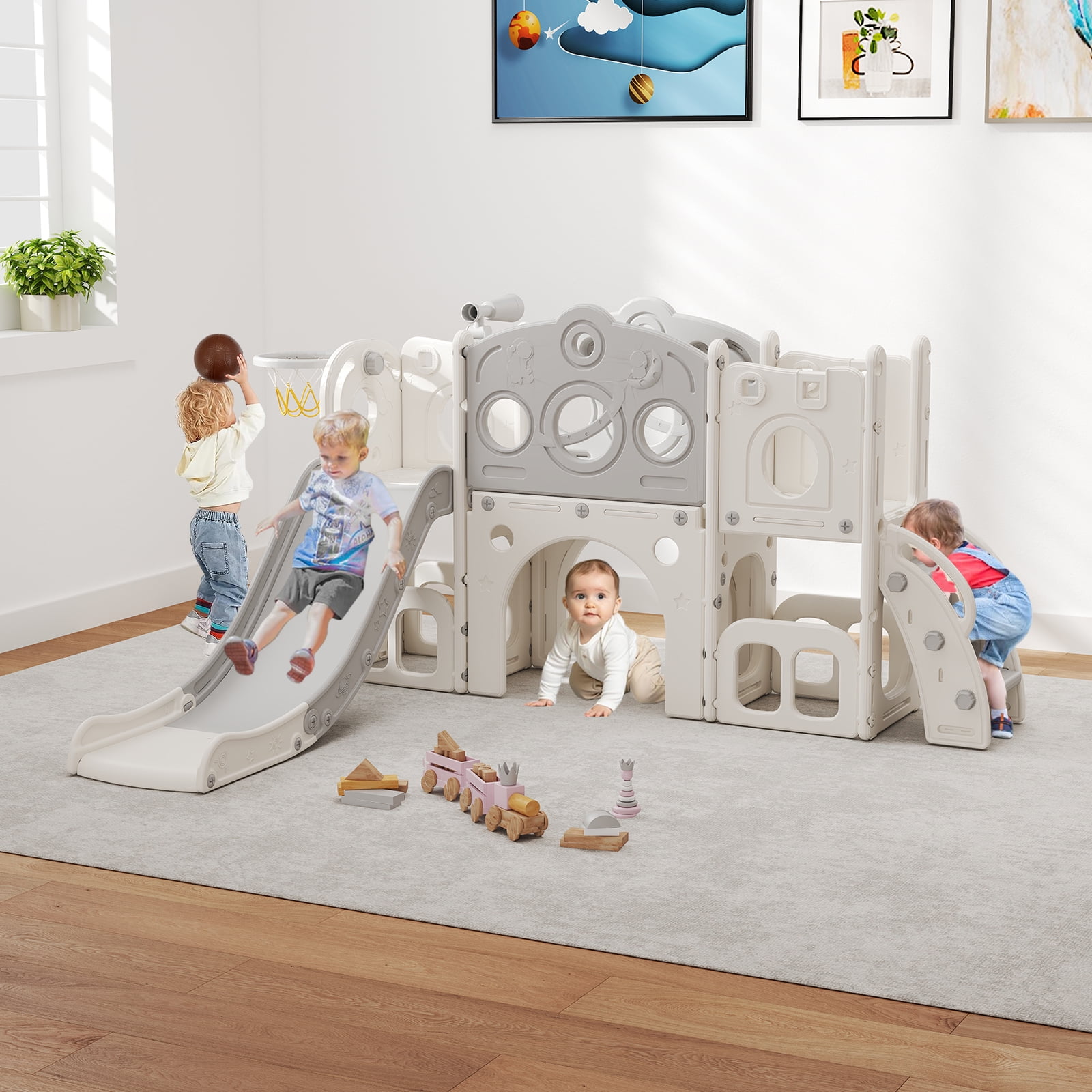 Kinsuite 8-in-1 Toddler Slide Set - Stair Slide for Toddlers 1-3 with Basketball Hoop, Ball, Storage Space & Telescope, Astronaut-Themed Indoor & Outdoor Playground Playset (Grey)