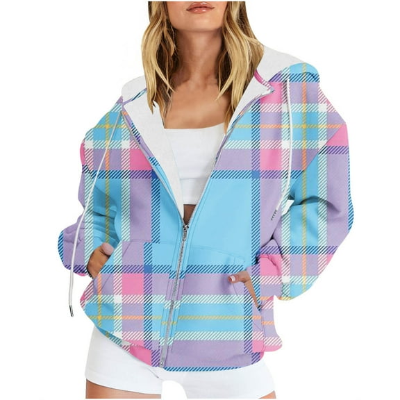 Womens Oversize Full-zip Jackets Plaid Floral Printed Long Sleeve Hoodie Sweatshirt Jackets Pockets Outwear Coat (X-Large, Sky Blue)